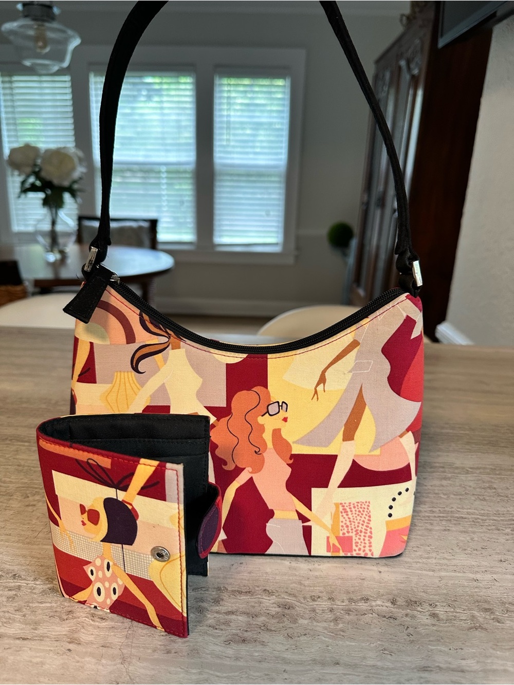Multicolor Graphic Shoulder Bag with Matching Wallet - Red & Cream